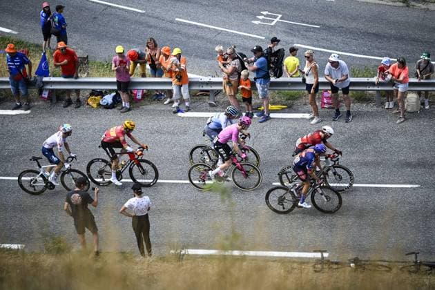 French Joris Delbove of TotalEnergies, Norwegian Jonas Abrahamsen of Uno-X Mobility, Spanish Xabier Mikel Azparren of Pinarello-Q36.5 Pro Cycling Team, German Georg Steinhauser of EF Education-EasyPost, French Baptiste Veistroffer of Lotto Intermarche and French Warren Barguil of Team Picnic PostNL pictured in action during stage 20 of the 2026 Tour de France cycling race, a stage of 171km Le Bourg d Oisans to Alpe d Huez, on Saturday 25 July 2026. The 113th edition of the Tour de France starts on Saturday 4 July in Barcelona, Spain, and will finish in Paris, France on the 26th of July. JASPERxJACOBS  x181999342x