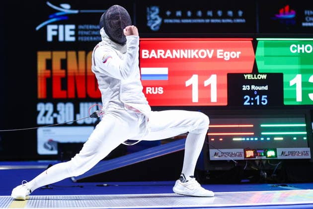 CHINA, HONG KONG - JULY 25, 2026: Russia s Yegor Barannikov competes in the men’s individual foil event at the 2026 Kerry Fencing World Championships. Mikhail Sinitsyn TASS  95428152