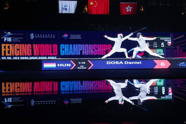 CHINA, HONG KONG - JULY 25, 2026: Hungary s Daniel Dosa (L) and the Czech Republic s Alexander Choupenitch compete in the men’s individual foil event at the 2026 Kerry Fencing World Championships. Mikhail Sinitsyn TASS  95429059