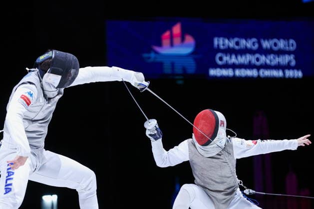 CHINA, HONG KONG - JULY 25, 2026: Italy s Filippo Macchi (L) and Japan s Kazuki Iimura compete in the men’s individual foil event at the 2026 Kerry Fencing World Championships. Mikhail Sinitsyn TASS  95429301