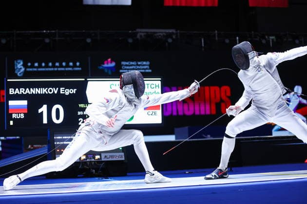 CHINA, HONG KONG - JULY 25, 2026: Russia s Yegor Barannikov (L) and the Czech Republic s Alexander Choupenitch compete in the men™s individual foil event at the 2026 Kerry Fencing World Championships 2026 Fencing World Championships In Hong Kong  - ZUMAt113 20260725_zaa_t113_061 Copyright: xMikhailxSinitsynx