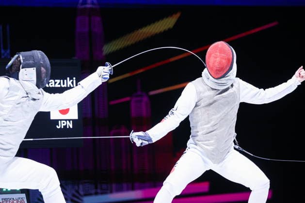 CHINA, HONG KONG - JULY 25, 2026: Italy s Filippo Macchi (L) and Japan s Kazuki Iimura compete in the men’s individual foil event at the 2026 Kerry Fencing World Championships. Mikhail Sinitsyn TASS  95429468