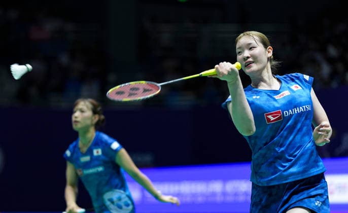(260725) -- CHANGZHOU, July 25, 2026 -- Fukushima Yuki Matsumoto Mayu (R) compete during the women s doubles semifinal match between Li Yijing Luo Xumin of China and Fukushima Yuki Matsumoto Mayu of Japan at the China Open 2026 badminton tournament in Changzhou, east China s Jiangsu Province, July 25, 2026. ) (SP)CHINA-CHANGZHOU-BADMINTON-CHINA OPEN-WOMEN S DOUBLES (CN) SunxFei 