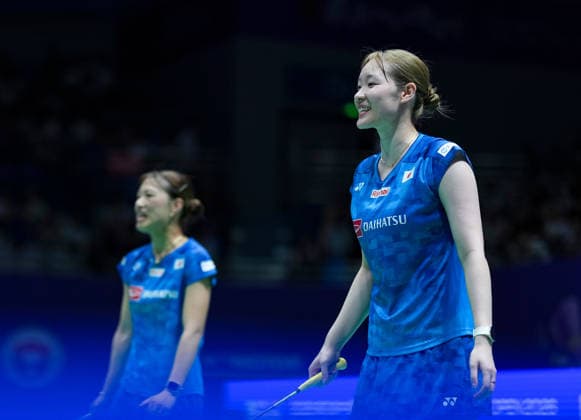 (260725) -- CHANGZHOU, July 25, 2026 -- Fukushima Yuki Matsumoto Mayu (R) celebrate a score during the women s doubles semifinal match between Li Yijing Luo Xumin of China and Fukushima Yuki Matsumoto Mayu of Japan at the China Open 2026 badminton tournament in Changzhou, east China s Jiangsu Province, July 25, 2026. ) (SP)CHINA-CHANGZHOU-BADMINTON-CHINA OPEN-WOMEN S DOUBLES (CN) SunxFei 