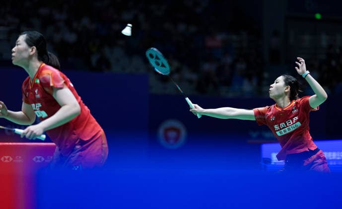 (260725) -- CHANGZHOU, July 25, 2026 -- Li Yijing (R) Luo Xumin compete during the women s doubles semifinal match between Li Yijing Luo Xumin of China and Fukushima Yuki Matsumoto Mayu of Japan at the China Open 2026 badminton tournament in Changzhou, east China s Jiangsu Province, July 25, 2026. ) (SP)CHINA-CHANGZHOU-BADMINTON-CHINA OPEN-WOMEN S DOUBLES (CN) SunxFei 
