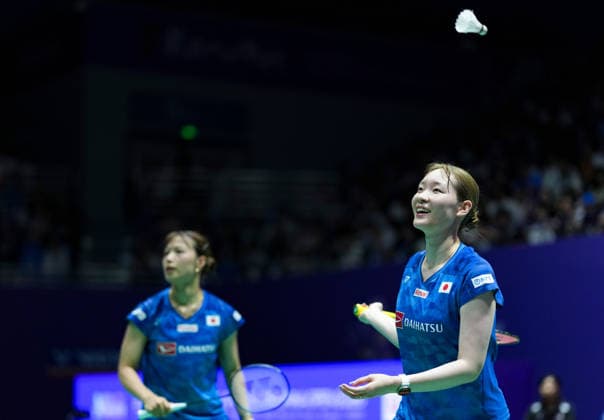 (260725) -- CHANGZHOU, July 25, 2026 -- Fukushima Yuki Matsumoto Mayu (R) react during the women s doubles semifinal match between Li Yijing Luo Xumin of China and Fukushima Yuki Matsumoto Mayu of Japan at the China Open 2026 badminton tournament in Changzhou, east China s Jiangsu Province, July 25, 2026. ) (SP)CHINA-CHANGZHOU-BADMINTON-CHINA OPEN-WOMEN S DOUBLES (CN) SunxFei 