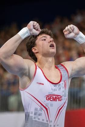 DM Finals 2026; Gerätfinals Männer Pauschenpferd***Große Freude bei Radomyr Stelmakh nach seiner Übung *** 2026 German Championships Men s Apparatus Finals: Pommel Horse***Radomyr Stelmakh was overjoyed after his routine Copyright: xUdoxHerrmannx