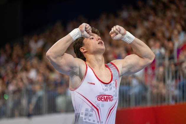 DM Finals 2026; Gerätfinals Männer Pauschenpferd***Große Freude bei Radomyr Stelmakh nach seiner Übung *** 2026 German Championships Men s Apparatus Finals: Pommel Horse***Radomyr Stelmakh was overjoyed after his routine Copyright: xUdoxHerrmannx
