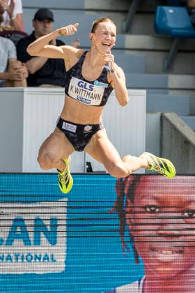 Deutsche Leichtathletik-Meisterschaften; Bochum-Wattenscheid, 25.07.2026 Kira Wittmann (Hannover 96) freut sich über eine neue PB und gewinnt den Meistertitel im Dreisprung; Deutsche Leichtathletik-Meisterschaften am 25.07.2026 im Lorheide-Stadion, Bochum-Wattenscheid (Nordrhein-Westfalen). *** German Track and Field Championships, Bochum-Wattenscheid, July 25, 2026: Kira Wittmann of Hannover 96 celebrates a new personal best and wins the triple jump title at the German Track and Field Championships on July 25, 2026, at Lorheide Stadium in Bochum-Wattenscheid, North Rhine-Westphalia Copyright: xBEAUTIFULxSPORTS AxelxKohringx