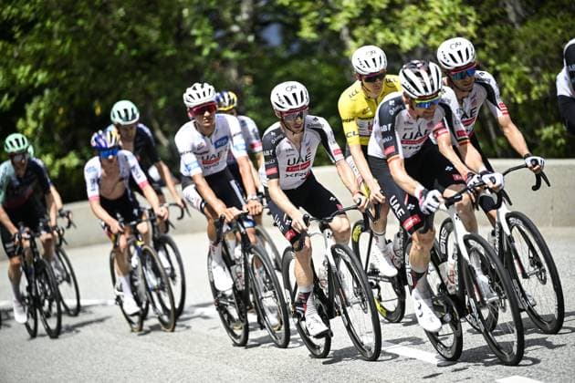 British Adam Yates of UAE Team Emirates XRG pictured in action during stage 20 of the 2026 Tour de France cycling race, a stage of 171km Le Bourg d Oisans to Alpe d Huez, on Saturday 25 July 2026. The 113th edition of the Tour de France starts on Saturday 4 July in Barcelona, Spain, and will finish in Paris, France on the 26th of July. JASPERxJACOBS  x182000875x
