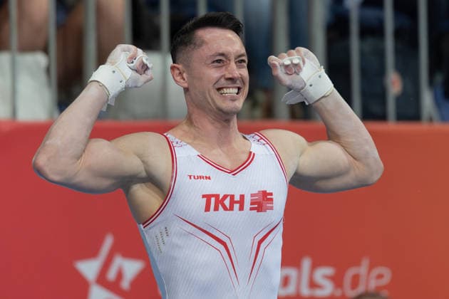 Deutsche Meisterschaften im Gerätturnen 2026, Gerätfinals Andreas Toba (Turn-Klubb zu Hannover) jubelt nach seiner Übung im Gerätfinale an den Ringen. Deutsche Meisterschaften im Gerätturnen, Gerätfinals, am 25. Juli 2026 in der ZAG-Arena in Hannover., Hannover Niedersachsen Deutschland ZAG Arena *** 2026 German Artistic Gymnastics Championships, Apparatus Finals: Andreas Toba of Turn Klubb zu Hannover celebrates after his routine in the rings apparatus final at the German Artistic Gymnastics Championships, Apparatus Finals, on July 25, 2026, at the ZAG Arena in Hanover, Hanover, Lower Saxony, Germany, ZAG Arena