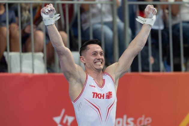 Deutsche Meisterschaften im Gerätturnen 2026, Gerätfinals Andreas Toba (Turn-Klubb zu Hannover) jubelt nach seiner Übung im Gerätfinale an den Ringen. Deutsche Meisterschaften im Gerätturnen, Gerätfinals, am 25. Juli 2026 in der ZAG-Arena in Hannover., Hannover Niedersachsen Deutschland ZAG Arena *** 2026 German Artistic Gymnastics Championships, Apparatus Finals: Andreas Toba of Turn Klubb zu Hannover celebrates after his routine in the rings apparatus final at the German Artistic Gymnastics Championships, Apparatus Finals, on July 25, 2026, at the ZAG Arena in Hanover, Hanover, Lower Saxony, Germany, ZAG Arena