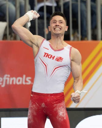 Deutsche Meisterschaften im Gerätturnen 2026, Gerätfinals Andreas Toba (Turn-Klubb zu Hannover) jubelt nach seiner Übung im Gerätfinale an den Ringen. Deutsche Meisterschaften im Gerätturnen, Gerätfinals, am 25. Juli 2026 in der ZAG-Arena in Hannover., Hannover Niedersachsen Deutschland ZAG Arena *** 2026 German Artistic Gymnastics Championships, Apparatus Finals: Andreas Toba of Turn Klubb zu Hannover celebrates after his routine in the rings apparatus final at the German Artistic Gymnastics Championships, Apparatus Finals, on July 25, 2026, at the ZAG Arena in Hanover, Hanover, Lower Saxony, Germany, ZAG Arena