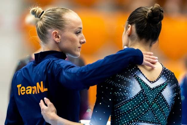 ROTTERDAM - Sanne Wevers and Naomi Visser during the qualifying competition for the European Gymnastics Championships. The European Championships are taking place in the Croatian capital, Zagreb. IRIS VAN DEN BROEK ANP xVIxANPxSportx xxANPxIVx 564255916 originalFilename: 564255916.jpg