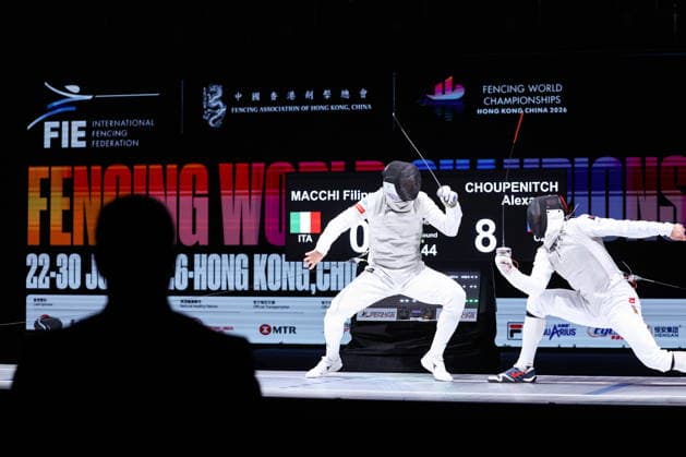 CHINA, HONG KONG - JULY 25, 2026: Italy s Filippo Macchi (L) and the Czech Republic s Alexander Choupenitch compete in the men™s individual foil event at the 2026 Kerry Fencing World Championships 2026 Fencing World Championships In Hong Kong  - ZUMAt113 20260725_zaa_t113_132 Copyright: xMikhailxSinitsynx