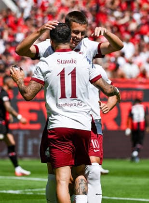 25.07.2026, xpsx, Fussball Testspiel, Kickers Offenbach - Bayer 04 Leverkusen v.l. celebrate the goal, Torjubel zum 1:0 Torschütze Keanu Staude (Offenbacher Kickers), Jan Becker (Offenbacher Kickers) (DFL DFB REGULATIONS PROHIBIT ANY USE OF PHOTOGRAPHS as IMAGE SEQUENCES and or QUASI-VIDEO) emspor Offenbach *** July 25, 2026, xpsx, soccer friendly match, Kickers Offenbach vs. Bayer 04 Leverkusen—celebrating the goal, goal celebration for the 1–0 goal scored by Keanu Staude of Kickers Offenbach, Jan Becker, Offenbach Kickers. DFL and DFB regulations prohibit any use of photographs as image sequences and or quasi-video. emspor Offenbach