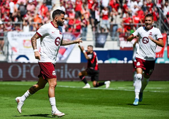25.07.2026, xpsx, Fussball Testspiel, Kickers Offenbach - Bayer 04 Leverkusen v.l. celebrate the goal, Torjubel zum 1:0 Torschütze Keanu Staude (Offenbacher Kickers), Jan Becker (Offenbacher Kickers) (DFL DFB REGULATIONS PROHIBIT ANY USE OF PHOTOGRAPHS as IMAGE SEQUENCES and or QUASI-VIDEO) emspor Offenbach *** July 25, 2026, xpsx, soccer friendly match, Kickers Offenbach vs. Bayer 04 Leverkusen—celebrating the goal, goal celebration for the 1–0 goal scored by Keanu Staude of Kickers Offenbach, Jan Becker, Offenbach Kickers. DFL and DFB regulations prohibit any use of photographs as image sequences and or quasi-video. emspor Offenbach