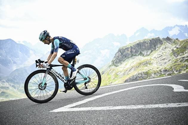 French Lenny Martinez of Bahrain Victorious pictured in action during stage 20 of the 2026 Tour de France cycling race, a stage of 171km Le Bourg d Oisans to Alpe d Huez, on Saturday 25 July 2026. The 113th edition of the Tour de France starts on Saturday 4 July in Barcelona, Spain, and will finish in Paris, France on the 26th of July. JASPERxJACOBS  x182005398x