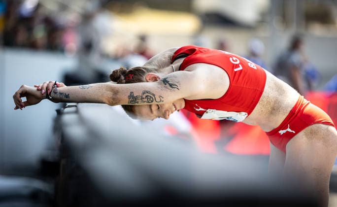Deutsche Leichtathletik-Meisterschaften; Bochum-Wattenscheid, 25.07.2026 Sarah-Michelle Kudla (LG Nord Berlin) nach ihrem letzten Sprung in der Dreisprung-Konkurrenz der Frauen; Deutsche Leichtathletik-Meisterschaften am 25.07.2026 im Lohrheidestadion in Bochum-Wattenscheid (Nordrhein-Westfalen). *** German Track and Field Championships, Bochum-Wattenscheid, July 25, 2026: Sarah Michelle Kudla of LG Nord Berlin after her final jump in the women’s triple jump competition at the German Track and Field Championships on July 25, 2026, at Lohrheidestadion in Bochum-Wattenscheid, North Rhine-Westphalia Copyright: xBEAUTIFULxSPORTS R.xSchmittx