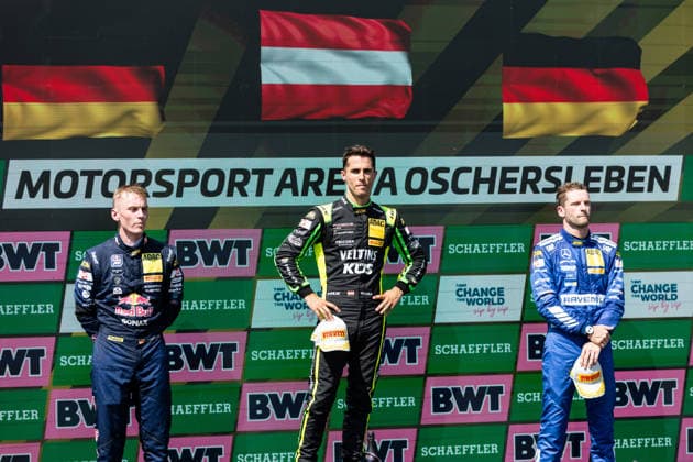 GER, DTM, 9. & 10. Lauf, Motorsport Arena Oschersleben 25.07.2026, Motorsport Arena, Oschersleben, GER, DTM, 9. & 10. Lauf, Motorsport Arena Oschersleben Podium: Sieger Thomas Preining, Manthey, 2. Platz Luca Engstler, Team Abt, 3. Platz Maro Engel, Mercedes-AMG Team Winwward Â Foto: Alexander Trienitz Oschersleben Motorsport Arena Sachsen-Anhalt Deutschland *** GER, DTM, Round 9 of 10, Motorsport Arena Oschersleben, July 25, 2026, Motorsport Arena, Oschersleben, GER, DTM, Round 9 of 10, Motorsport Arena Oschersleben Podium: Winner Thomas Preining, Manthey, 2nd place: Luca Engstler, Team Abt; 3rd place: Maro Engel, Mercedes-AMG Team Winward. Photo by Alexander Trienitz, Oschersleben Motorsport Arena, Saxony-Anhalt, Germany