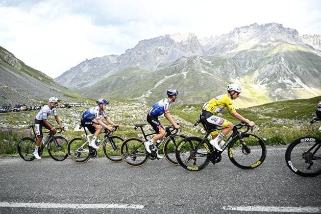 Mexican Isaac Del Toro of UAE Team Emirates XRG, Belgian Maxim Van Gils of Red Bull-BORA-hansgrohe, Belgian Remco Evenepoel of Red Bull-BORA-hansgrohe and Slovenian Tadej Pogacar of UAE Team Emirates XRG pictured in action during stage 20 of the 2026 Tour de France cycling race, a stage of 171km Le Bourg d Oisans to Alpe d Huez, on Saturday 25 July 2026. The 113th edition of the Tour de France starts on Saturday 4 July in Barcelona, Spain, and will finish in Paris, France on the 26th of July. JASPERxJACOBS  x182007914x