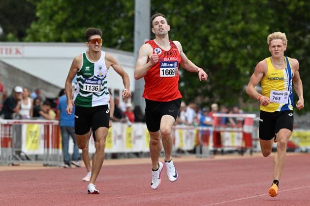 Victor Morabito, Jonathan Sacoor and Adrien Quartier pictured in action during the 400m race, at the Belgian athletics championships, Saturday 25 July 2026 in Kessel-Lo, Leuven. JILLxDELSAUX  x182008049x