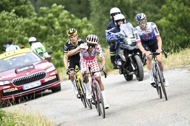 American Sepp Kuss of Team Visma-Lease a Bike, Ecuadorian Richard Carapaz of EF Education-EasyPost and Australian Jai Hindley of Red Bull-BORA-hansgrohe pictured in action during stage 20 of the 2026 Tour de France cycling race, a stage of 171km Le Bourg d Oisans to Alpe d Huez, on Saturday 25 July 2026. The 113th edition of the Tour de France starts on Saturday 4 July in Barcelona, Spain, and will finish in Paris, France on the 26th of July. JASPERxJACOBS  x182008088x