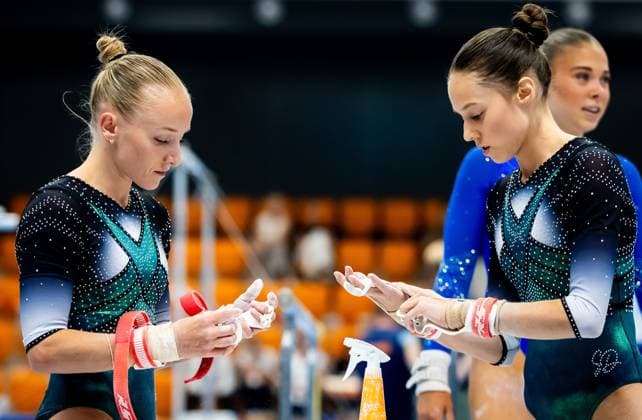ROTTERDAM - Sanne Wevers and Naomi Visser during the qualifying competition for the European Gymnastics Championships. The European Championships are taking place in the Croatian capital, Zagreb. IRIS VAN DEN BROEK ANP xVIxANPxSportx xxANPxIVx 564262913 originalFilename: 564262913.jpg