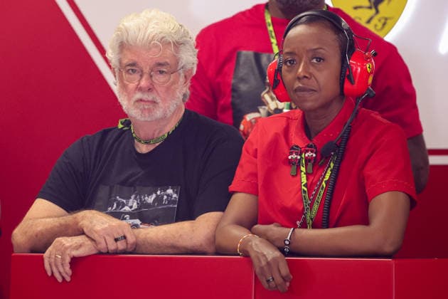 F1 Hungarian Grand Prix 2026 Film director George Lucas and his wife Mellody Louise Hobson Lucas are seen in a garage of Lewis Hamilton of Ferrari prior to the qualifying session ahead Formula 1 Hungarian Grand Prix at the Hungaroring circuit in Mogyorod near Budapest on July 25th, 2026. Budapest Hungary  Copyright: xBeataxZawrzelx originalFilename:zawrzel-f1hungar260725_np6nw.jpg