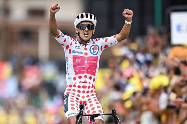 Ecuadorian Richard Carapaz of EF Education-EasyPost celebrates as he crosses the finish line to win stage 20 of the 2026 Tour de France cycling race, a stage of 171km Le Bourg d Oisans to Alpe d Huez, on Saturday 25 July 2026. The 113th edition of the Tour de France starts on Saturday 4 July in Barcelona, Spain, and will finish in Paris, France on the 26th of July. DAVIDxPINTENS  x182012390x