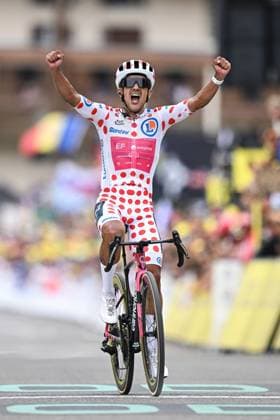 Ecuadorian Richard Carapaz of EF Education-EasyPost celebrates as he crosses the finish line to win stage 20 of the 2026 Tour de France cycling race, a stage of 171km Le Bourg d Oisans to Alpe d Huez, on Saturday 25 July 2026. The 113th edition of the Tour de France starts on Saturday 4 July in Barcelona, Spain, and will finish in Paris, France on the 26th of July. DAVIDxPINTENS  x182013151x