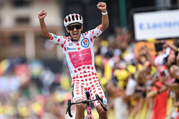 Ecuadorian Richard Carapaz of EF Education-EasyPost celebrates as he crosses the finish line to win stage 20 of the 2026 Tour de France cycling race, a stage of 171km Le Bourg d Oisans to Alpe d Huez, on Saturday 25 July 2026. The 113th edition of the Tour de France starts on Saturday 4 July in Barcelona, Spain, and will finish in Paris, France on the 26th of July. DAVIDxPINTENS  x182014308x