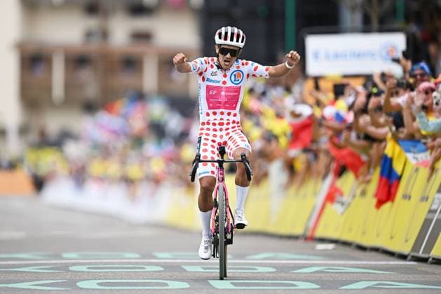 Ecuadorian Richard Carapaz of EF Education-EasyPost celebrates as he crosses the finish line to win stage 20 of the 2026 Tour de France cycling race, a stage of 171km Le Bourg d Oisans to Alpe d Huez, on Saturday 25 July 2026. The 113th edition of the Tour de France starts on Saturday 4 July in Barcelona, Spain, and will finish in Paris, France on the 26th of July. DAVIDxPINTENS  x182014352x