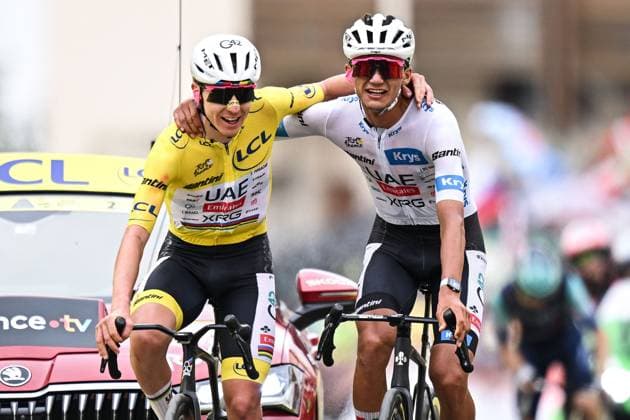 Slovenian Tadej Pogacar of UAE Team Emirates-XRG and Mexican Isaac Del Toro of UAE Team Emirates XRG celebrate as they cross the finish line at stage 20 of the 2026 Tour de France cycling race, a stage of 171km Le Bourg d Oisans to Alpe d Huez, on Saturday 25 July 2026. The 113th edition of the Tour de France starts on Saturday 4 July in Barcelona, Spain, and will finish in Paris, France on the 26th of July. DAVIDxPINTENS  x182015022x