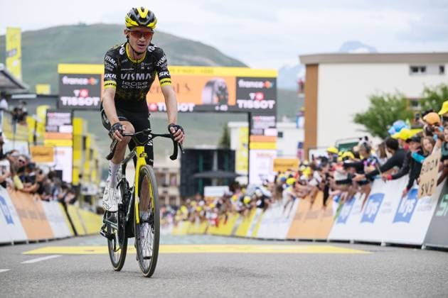 American Sepp Kuss of Team Visma-Lease a Bike crosses the finish line of stage 20 of the 2026 Tour de France cycling race, a stage of 171km Le Bourg d Oisans to Alpe d Huez, on Saturday 25 July 2026. The 113th edition of the Tour de France starts on Saturday 4 July in Barcelona, Spain, and will finish in Paris, France on the 26th of July. DAVIDxPINTENS  x182016654x