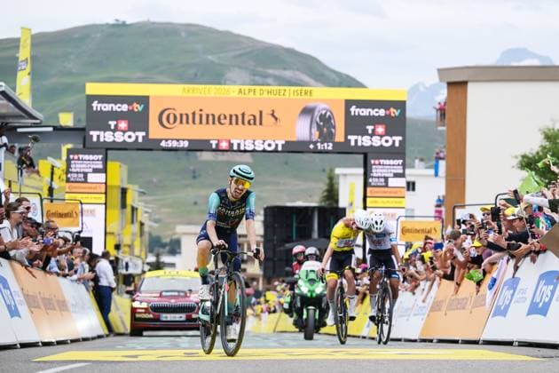 French Lenny Martinez of Bahrain Victorious crosses the finish line of stage 20 of the 2026 Tour de France cycling race, a stage of 171km Le Bourg d Oisans to Alpe d Huez, on Saturday 25 July 2026. The 113th edition of the Tour de France starts on Saturday 4 July in Barcelona, Spain, and will finish in Paris, France on the 26th of July. DAVIDxPINTENS  x182016675x