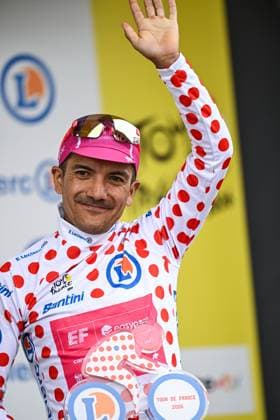 Ecuadorian Richard Carapaz of EF Education-EasyPost celebrates on the podium in the red polka-dot jersey for best climber after stage 20 of the 2026 Tour de France cycling race, a stage of 171km Le Bourg d Oisans to Alpe d Huez, on Saturday 25 July 2026. The 113th edition of the Tour de France starts on Saturday 4 July in Barcelona, Spain, and will finish in Paris, France on the 26th of July. DAVIDxPINTENS  x182017090x