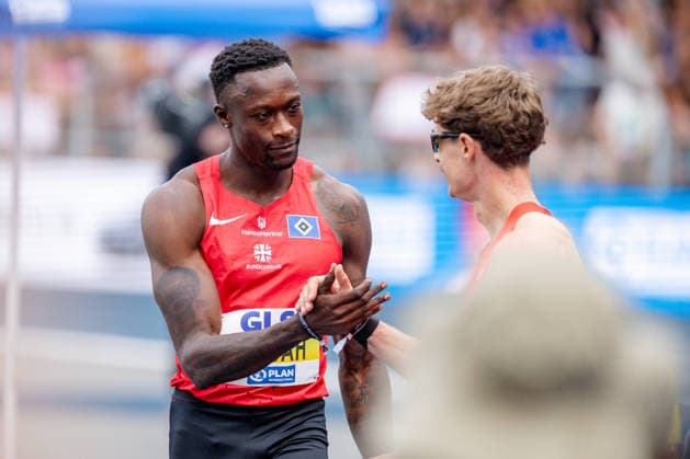 Wattenscheid, 25.07.2026, Leichathletik, Deutsche Meisterschaften, Männer, 100m Owen Ansah (GER, Hamburger SV) nachdem 100m Vorlauf Bochum-Wattenscheid Lohrheidestadion NRW Germany *** Wattenscheid, July 25, 2026, Track and Field, German Championships, Men, 100m: Owen Ansah (GER), Hamburger SV, after the 100m preliminary round at Lohrheidestadion in Bochum-Wattenscheid, North Rhine-Westphalia, Germany