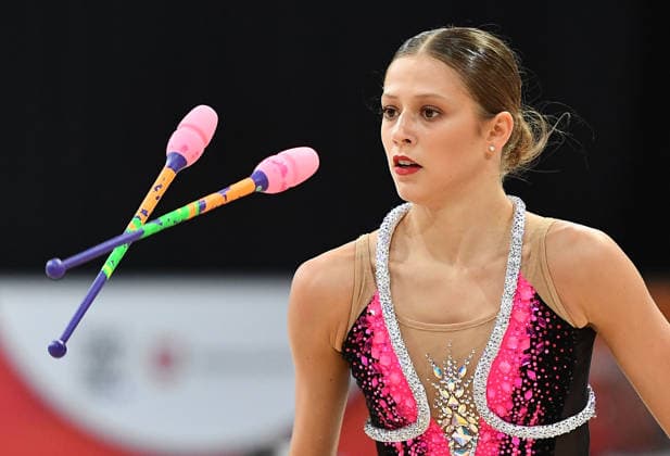 25.07.2026, xhbx, Turnen Rhythmische Sportgymnastik, Deutsche Meisterschaften 2026 v.l. Anastasia Simakova (TSV Schmiden 1902) Übung mit den Keulen (DFL DFB REGULATIONS PROHIBIT ANY USE OF PHOTOGRAPHS as IMAGE SEQUENCES and or QUASI-VIDEO) Hannover *** July 25, 2026, xhbx, Rhythmic Gymnastics, 2026 German Championships by Anastasia Simakova, TSV Schmiden 1902, clubs routine. DFL and DFB regulations prohibit any use of photographs as image sequences and or quasi-video. Hanover