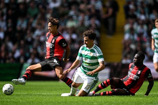 Sebastian Tounekti of Celtic is tackled by Fikayo Tomori of AC Milan during the pre season friendly match between Celtic and AC Milan at Celtic Park, Glasgow, Scotland on Saturday 25th July 2026. Celtic v AC Milan, Pre Season Friendly, Football, Celtic Park, Glasgow, Scotland, UK - 25 Jul 2026Glasgow Celtic Park United Kingdom  Copyright: xAndyxBuchanan Shutterstockx 17004340bu