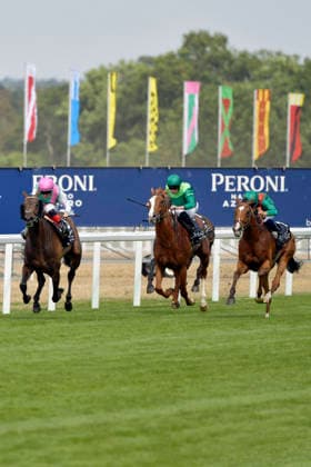 25.07.2026, Ascot, Windsor, GBR - Kalpana with Colin Keane up wins the King George and Queen Elizabeth Stakes. Ascot racecourse. (Pferd, Jockey, Kalpana, Keane, Sieg, Ziel, Zielankunft) 260725C966ASCOT.JPG *** July 25, 2026, Ascot, Windsor, GBR: Kalpana, ridden by Colin Keane, wins the King George and Queen Elizabeth Stakes at Ascot Racecourse. Horse, Jockey, Kalpana, Keane, Victory, Finish, Finish Line 260725C966ASCOT JPG