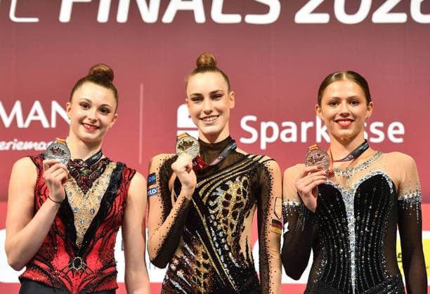 25.07.2026, xhbx, Turnen Rhythmische Sportgymnastik, Deutsche Meisterschaften 2026 v.l. Lara Pusch, Darja Varfolomeev (TSV Schmiden 1902), Anastasia Simakova (TSV Schmiden 1902) Siegerehrung (DFL DFB REGULATIONS PROHIBIT ANY USE OF PHOTOGRAPHS as IMAGE SEQUENCES and or QUASI-VIDEO) Hannover *** July 25, 2026, xhbx, Rhythmic Gymnastics, 2026 German Championships, from left: Lara Pusch, Darja Varfolomeev, TSV Schmiden 1902, Anastasia Simakova, TSV Schmiden 1902, Award Ceremony. DFL and DFB regulations prohibit any use of photographs as image sequences and or quasi-video. Hanover