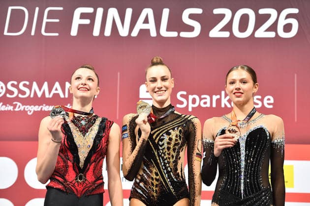25.07.2026, xhbx, Turnen Rhythmische Sportgymnastik, Deutsche Meisterschaften 2026 v.l. Lara Pusch, Darja Varfolomeev (TSV Schmiden 1902), Anastasia Simakova (TSV Schmiden 1902) Siegerehrung (DFL DFB REGULATIONS PROHIBIT ANY USE OF PHOTOGRAPHS as IMAGE SEQUENCES and or QUASI-VIDEO) Hannover *** July 25, 2026, xhbx, Rhythmic Gymnastics, 2026 German Championships, from left: Lara Pusch, Darja Varfolomeev, TSV Schmiden 1902, Anastasia Simakova, TSV Schmiden 1902, Award Ceremony. DFL and DFB regulations prohibit any use of photographs as image sequences and or quasi-video. Hanover