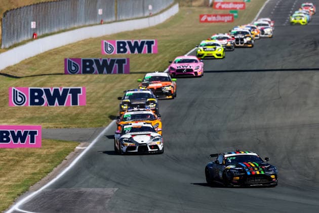 ADAC GT4 Germany, 5. + 6. Rennen Oschersleben 2026 04 Aston Martin Vantage AMR GT4 Evo, EastSide Motorsport: Jan Philipp Springob, Philipp Gogollok, 87 Toyota GR Supra GT4 EVO2, CRT Lucas Cartelle, Hudson Schwartz - picture by Gruppe C Photography Oschersleben Oschersleben Sachsen-Anhalt Germany Copyright: xGruppexCxPhotographyx