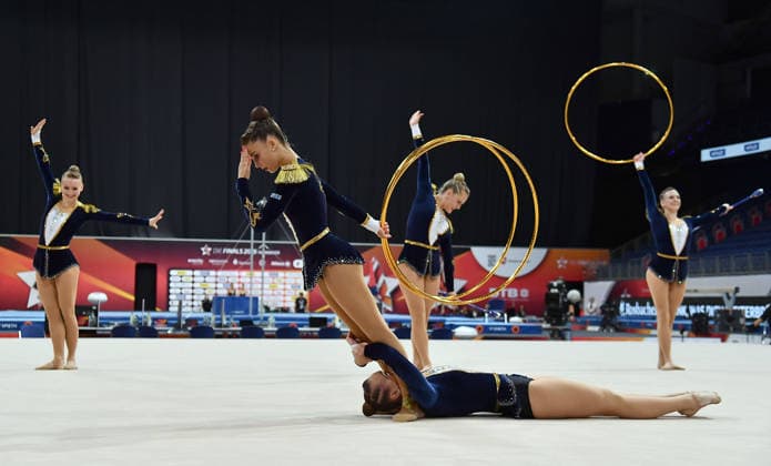 25.07.2026, xhbx, Turnen Rhythmische Sportgymnastik, Deutsche Meisterschaften 2026 v.l. Gruppe, Mannschaft TV Dahn 1910 Reifen Keulen Übung (DFL DFB REGULATIONS PROHIBIT ANY USE OF PHOTOGRAPHS as IMAGE SEQUENCES and or QUASI-VIDEO) Hannover *** July 25, 2026, xhbx, Gymnastics, Rhythmic Gymnastics, 2026 German Championships, Group V, TV Dahn 1910 Team, Hoop, Clubs, Routine. DFL and DFB regulations prohibit any use of photographs as image sequences and or quasi-video. Hanover