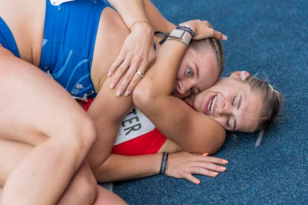 Deutsche Leichtathletik-Meisterschaften; Bochum-Wattenscheid, 25.07.2026 Franziska Schuster (TSV Bayer o4 Leverkusen, in rot) gewinnt den Titel über 100m Hürden; Deutsche Leichtathletik-Meisterschaften am 25.07.2026 im Lorheide-Stadion, Bochum-Wattenscheid (Nordrhein-Westfalen). *** German Track and Field Championships, Bochum-Wattenscheid, July 25, 2026: Franziska Schuster of TSV Bayer 04 Leverkusen, wearing red, wins the 100-meter hurdles title at the German Track and Field Championships on July 25, 2026, at Lorheide Stadium in Bochum-Wattenscheid, North Rhine-Westphalia Copyright: xBEAUTIFULxSPORTS AxelxKohringx
