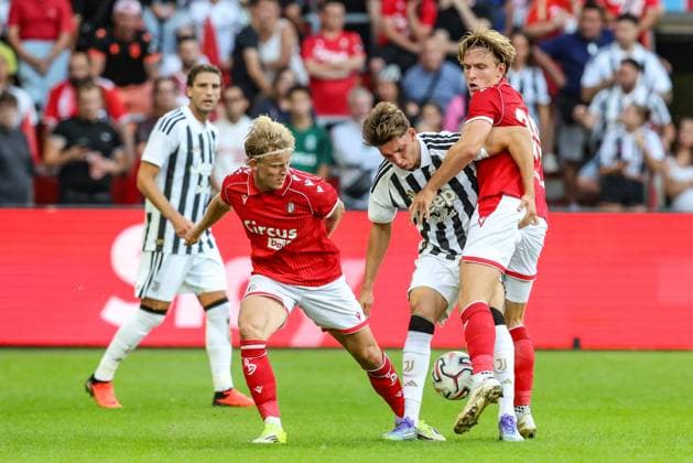 Standard s Gustav Mortensen, Juventus s Arman Durmisi and Standard s Ibe Hautekiet fight for the ball during a friendly soccer game between Belgian first division soccer team Standard de Liege and Italian Juventus, on Saturday 25 July 2026 in Liege, in preparation of the upcoming 2026-2027 Belgian first division soccer season. BRUNOxFAHY  x182035710x