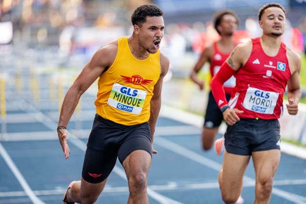 Wattenscheid, 25.07.2026, Leichathletik, Deutsche Meisterschaften, Männer, 110m Hürden Gregory MinouÃ (GER, Tracksrunner Bonn) jubelt nachdem Zieleinlauf Bochum-Wattenscheid Lohrheidestadion NRW Germany *** Wattenscheid, July 25, 2026, Track and Field, German Championships, Men, 110m Hurdles: Gregory MinouÃ (GER) of Tracksrunner Bonn celebrates after crossing the finish line at the Lohrheidestadion in Bochum-Wattenscheid, North Rhine-Westphalia, Germany