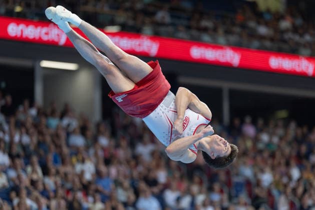 Deutsche Meisterschaften im Gerätturnen 2026, Gerätfinals Radomyr Stelmark (SC Cottbus) bei seiner Übung im Gerätfinale Boden. Deutsche Meisterschaften im Gerätturnen, Gerätfinals, am 25. Juli 2026 in der ZAG-Arena in Hannover., Hannover Niedersachsen Deutschland ZAG Arena *** 2026 German Artistic Gymnastics Championships, Apparatus Finals: Radomyr Stelmark of SC Cottbus performing his routine in the floor exercise final at the German Artistic Gymnastics Championships, Apparatus Finals, on July 25, 2026, at the ZAG Arena in Hanover, Hanover, Lower Saxony, Germany; ZAG Arena