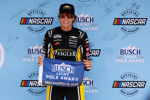 INDIANAPOLIS, IN - JULY 25: Carson Hocevar (77) Spire Motorsports Chevrolet SS wins the pole for the NASCAR, Motorsport, USA Cup Series Brickyard 400 on July 25, 2026 at Indianapolis Motor Speedway in Indianapolis, IN. (Photo by Jeffrey Brown Icon Sportswire) AUTO: JUL 25 NASCAR Cup Series Brickyard 400 EDITORIAL USE ONLY Icon072526001400